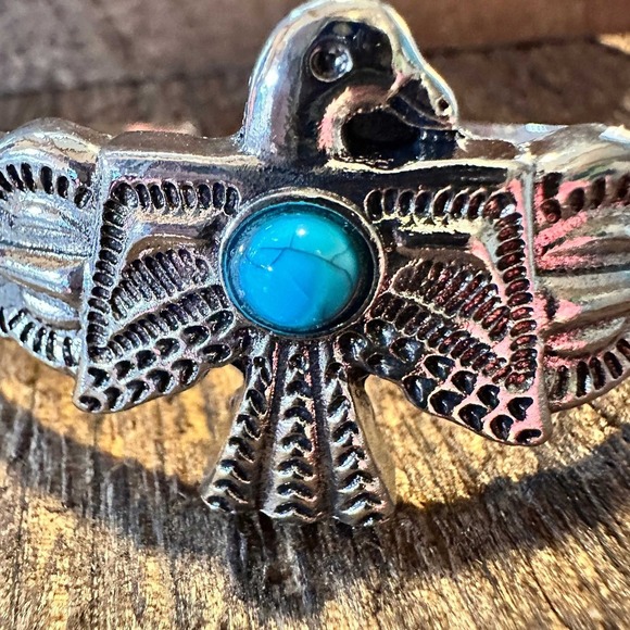 Vintage Bohemian Thunderbird Bangle Bracelet with Turquoise Accent, Gift-Ready - Picture 3 of 10